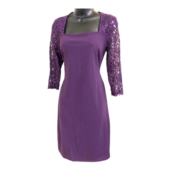 Purple lace sleeve square neck‎ sequin sheath dress gown size 6 petite new - Picture 2 of 14